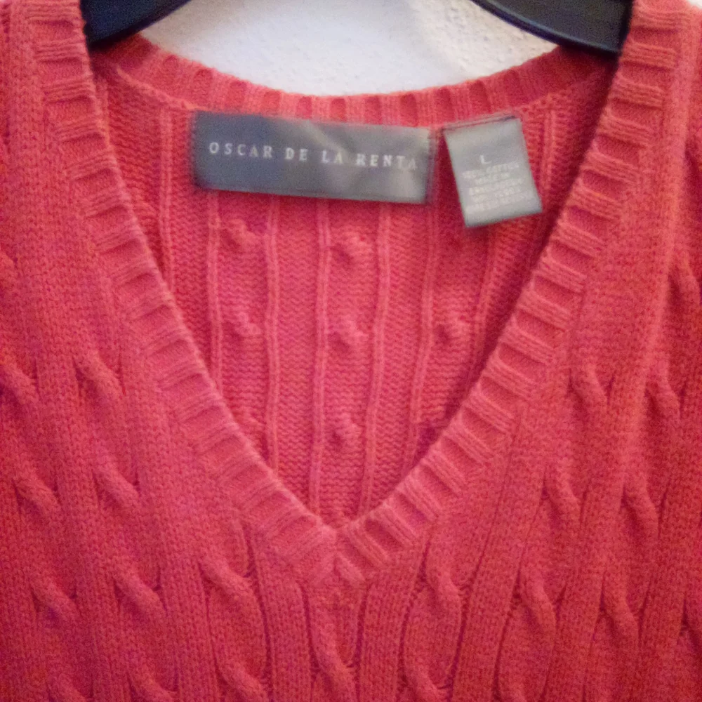 Oscar de la Renta 100% Cotton V-Neck Cable Knit Sweater Size L Old Money
